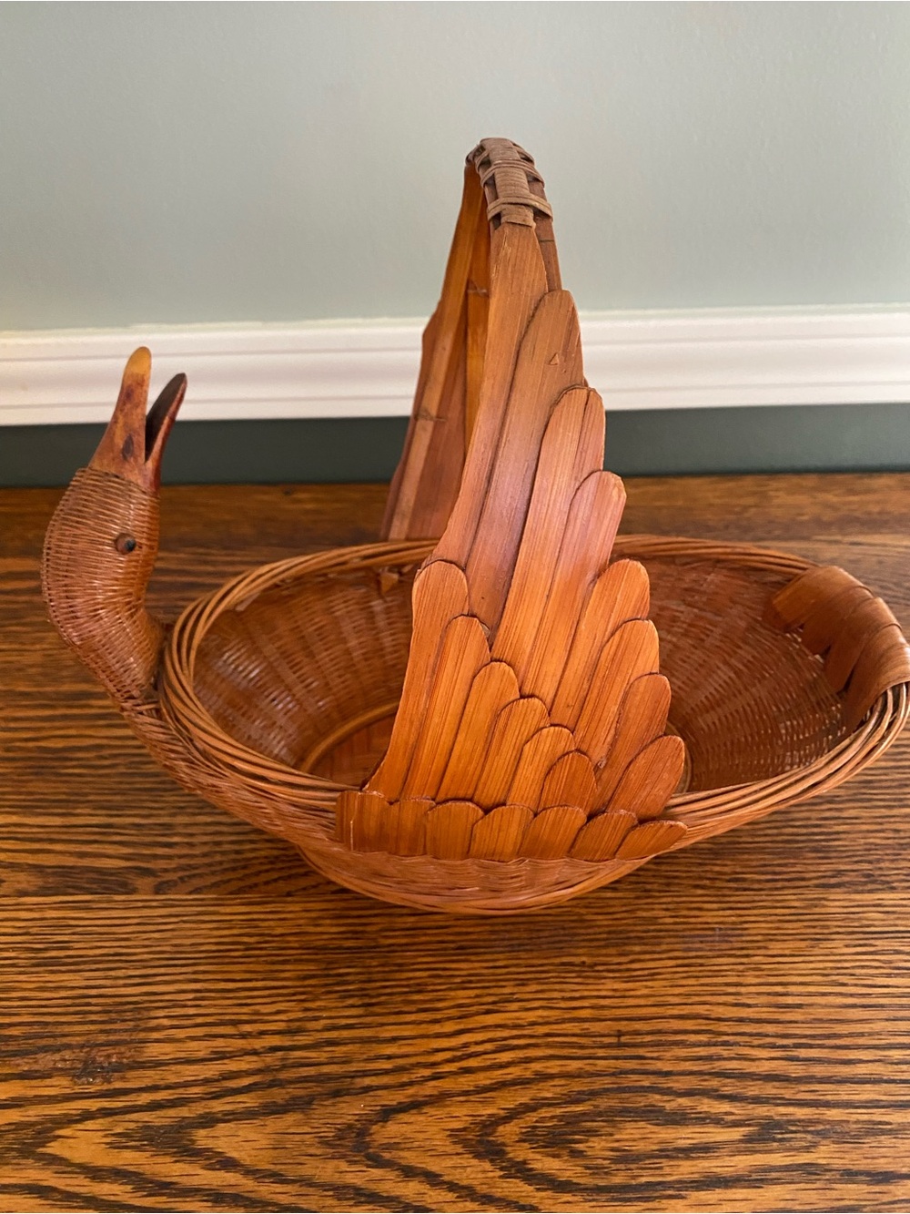 Vintage Woven Wicker Rattan Duck Basket Angled Neck Wood Beak Eyes
